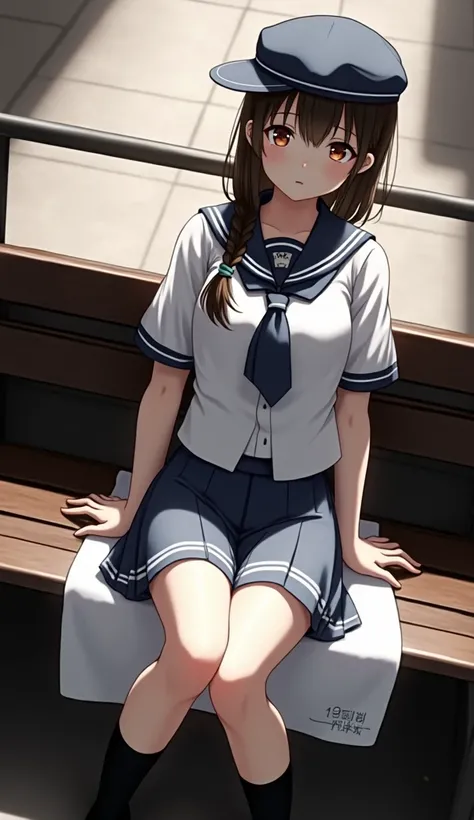 there is a woman sitting on a bench wearing a blue tie, girl wearing uniform, seifuku, wearing headmistress uniform, wearing Japanese school uniform, Japanese school uniform, wearing school uniform, wearing a school uniform, Japanese girl school uniform, d...