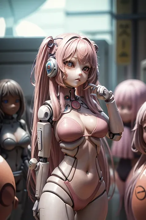  face facing here 、The body is made of machines、Dolls with spherical joints 、The lower back is also a spherical joint 、brown skin 、 have long pink hair、Orange bikini swimsuit、