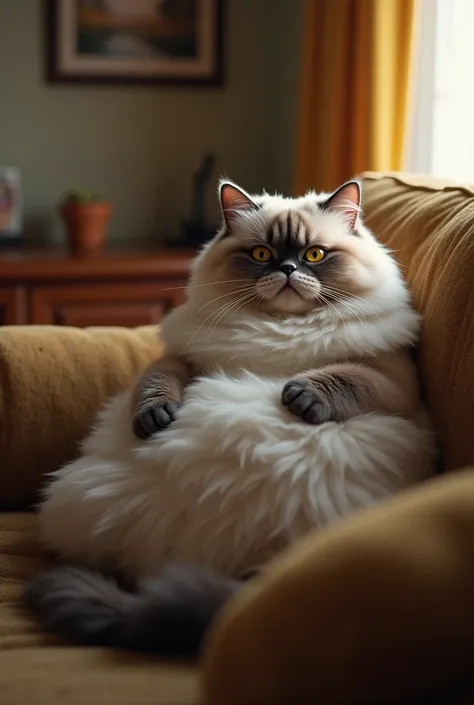 A fat cat sitting on the couch ,  looking into the distance at another enemy cat
