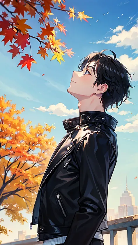   best quality 、 man looking up at the sky、smile、 profile、New York parks in fall、 black leather jacket、 black hair、1 male