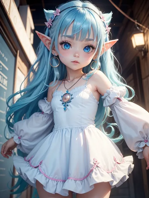 whole bodyを映す,cute little fairy、  hime cut, Blushing, whole body、Pointed Ears、Puff sleeve dress！Blue Hair/Light blue hair, Hoop Earrings, blue eyes, Bright Eyes, Sparkling eyes, Wide-angle shot, Beaded Necklaces, Elf Wing