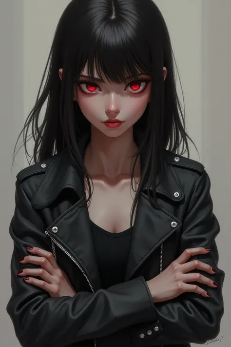 A girl with jacket and red eyes her face looks serious and her arms cross