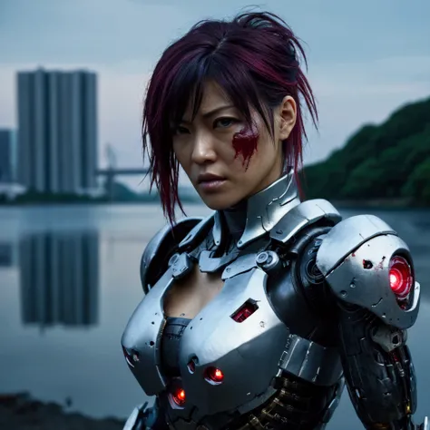 cyberpunk, mecha, cyborg, Motoko Kusanagi, female protagonist, cyborg female warrior, detailed cybernetic body, hyper realistic, hyper detailed, extremely detailed face, intense battle damage, right side of face ripped off, right arm busted gone below elbo...