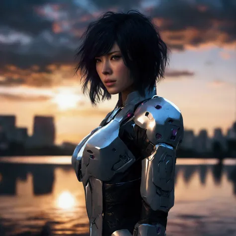 cyberpunk, mecha, cyborg, Motoko Kusanagi, female protagonist, cyborg female warrior, detailed cybernetic body, hyper realistic, hyper detailed, extremely detailed face, intense battle damage, right side of face ripped off, right arm busted gone below elbo...