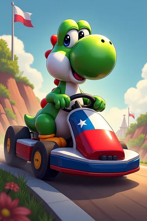 Edit the character Yoshi from Super Mario ,  with the Chilean flag on his chest and is on a go-kart with the Chilean flag behind 