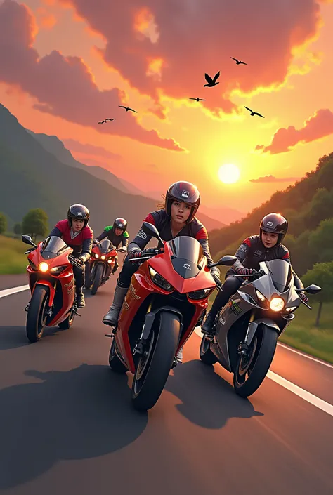 Five beautiful girls are riding bikes Kawasaki ninja on the road Racing in the sunset scene with birds flying in the sky.