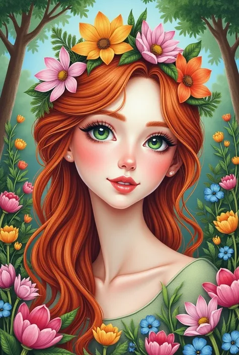 Perfect Colorful pencil Drawing art of a A beautiful Ginger woman with a flower crown in her hair in a garden 