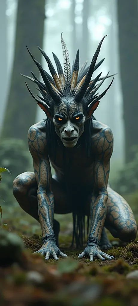 Generate a highly detailed and atmospheric scene of a mystical forest creature crouching in a misty woodland setting. The creature has an otherworldly appearance, with intricate body paint resembling cracked earth, and wears elaborate feathered adornments,...