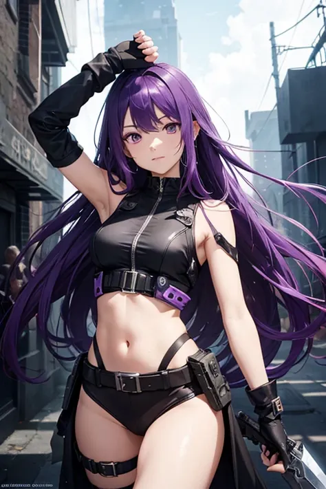  Fantasy Art ,   long hair,  watch viewers,   hair between eyes ,  closed mouth , Bare shoulders,   purple hair , Sleeveless, gloves,   raise your arms, Covered navel, hair intakes,  skinny, Combat knife, digital camouflage bodysuit