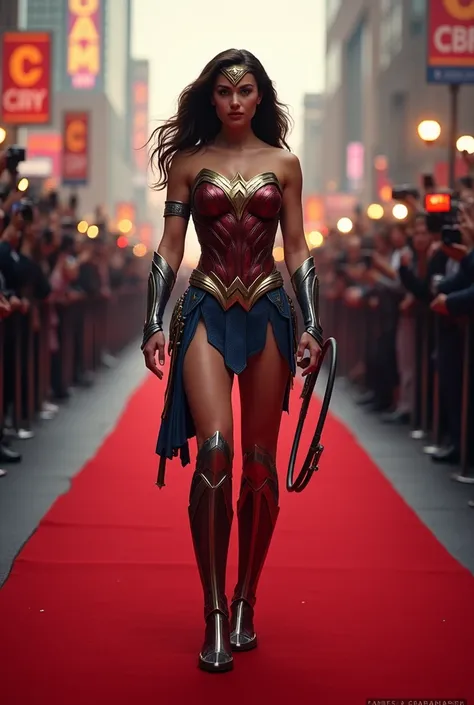 wonder women standing on the red carpet ready to fight looks like a real photo 