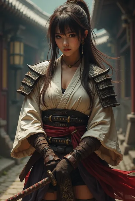 Whole body expression、Female Swordsman、45 years old、Mature Woman、 cute face、 Japanese、Half Eye、half-open eyes、 Mysterious Expressions 、smile、 long brown hair、 with bangs aligned above the eyebrows 、Bushy-haired person、Big Breasts、Wear large shoulder pads 、...