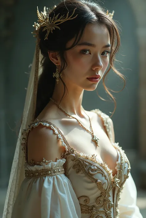  ultra-realistic photography,(  Photorealism  :1.2),  a woman from a fantasy world  , slim figure,   is wearing a medieval fantasy dress, a white magician  .