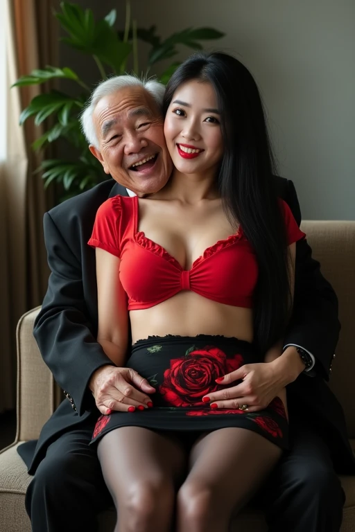 masterpiece , real photo, (((1 korean beautiful young girl and 1 old korean man couple))), {1 korean girl 19-years-old, sitting on american old mans lap, straight black hair, red lips, strikily beautiful, (beautiful_eyes, pretty face, red lips, high nose b...