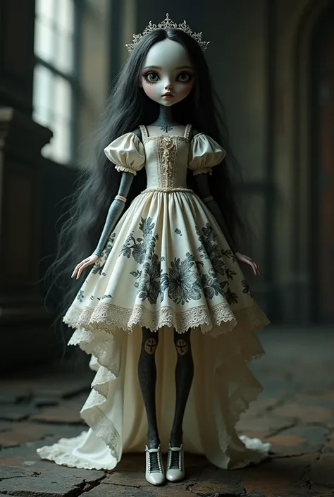 GOTHIC DIABOLICA doll ,  divided into loose parts Tim Burtom style,  with long hair in 2d printed WITH PRINCESS DRESS