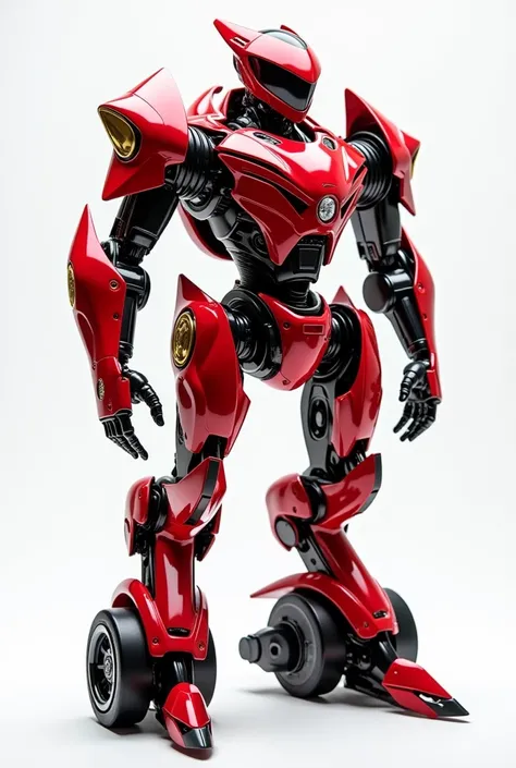  The futuristic robot design based on motor sport ,  features body elements inspired by shiny red motors ,  with sharp headlights as robot eyes .  The robot has an aerodynamic body , fine mechanical detail ,  and metal accents with red dominant as well as ...