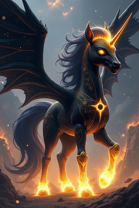 Solvexis, the 8-foot-tall immortal alicorn and primordial goddess of destruction, embodies the void itself. Her black coat sparkles with golden celestial patterns, while her flowing, void-like mane and tail burn with golden fire intertwined with shadows. H...