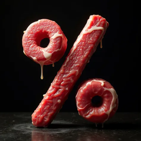 Percentage sign of meat, black background, realistic