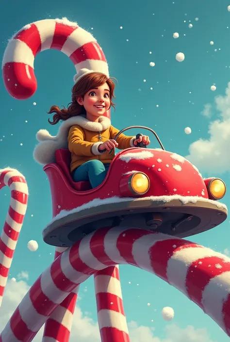 real cartoon, young woman ride a candy cane roller coaster during christmas