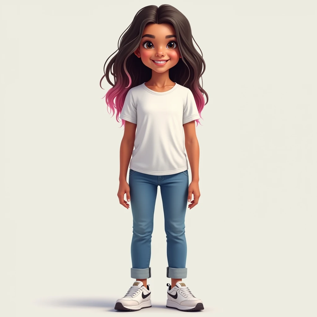 "Create a highly detailed, realistic photo-style full-body portrait of a smiling  girl standing and facing the camera, from head to toe. She has an oval-shaped face with well-defined dark eyebrows, medium-sized expressive dark eyes full of confidence and w...