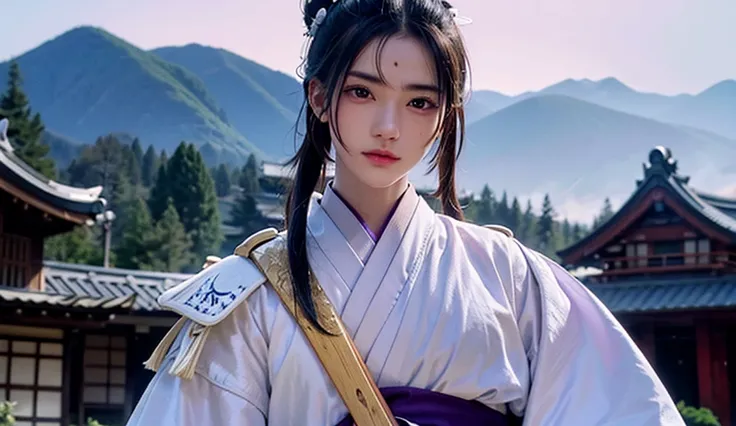 a serious and mysterious unmasked young samurai with long, ruffled hair up to his neck, wearing white and purple clothes , with white background,  looking at the camera from the front, Hes not wearing mascara , A Japanese warrior Ronin in a portrait, The w...