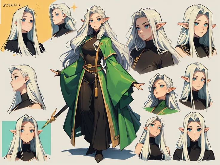 

((masterpiece)),(((best quality))),(character design sheet, same character, very long hair, hairstyle, gathered hair), elven woman, ((side view:0.5)) anime girl, Gesture, character design. ((green eyes)). 1girl, solo, teenager, ((white hair)), ((green ey...