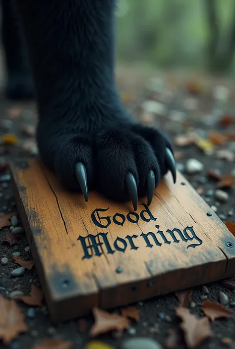 Create an image of a black paw hanging on the board written good morning by Uncle Zeus