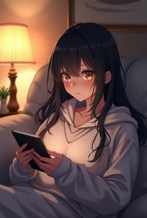 An anime girl with black hair, wearing an oversized hoodie with no pants, playing on a device while laying on the couch, hazel eyes, eyes focused on the device not the camera