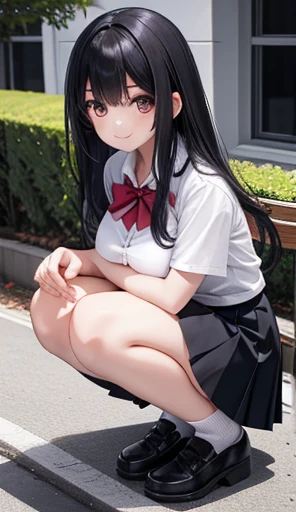  one girl 、smile、 Stunning !　 shirt、 pleated skirt、White Skirt、 black hair long hair, big breasts、Squatting bench、