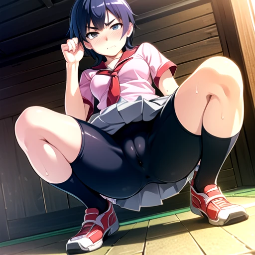 (masterpiece,best quality,high resolution,ultra detailed),(2.5D),(((game cg))),kanbarusuruga,solo,short hair,navy blue hair,high school uniform,purple pleated skirt,yellow ribbon tie, (pink shirt),short sleeve,bike shorts,(squatting),from below,looking dow...