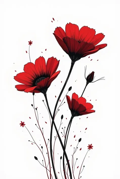  A drawing with a white background , of bloody flowers ,  black and red flowers ,  that appears digitally drawn by hand , simple,  and signed with the name JOEL on the bottom, ( in cursive),  the flowers that are the simplest, without shades or shadows ,  ...