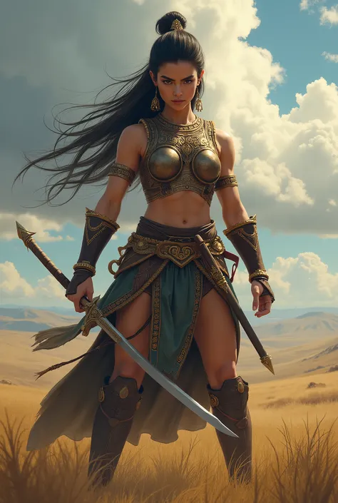 Kutulun, The Mongolian warrior princess ,  in a fierce fighting posture ,  her muscular structure and determined expression ready to face any challenge.  The scene takes place against the backdrop of the vast Mongolian steppes , under a dramatic sky