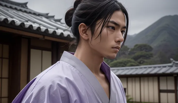 a serious and mysterious unmasked young samurai with long, ruffled hair up to his neck, wearing white and purple clothes , with white background,  looking at the camera from the front, Hes not wearing mascara , A Japanese warrior Ronin in a portrait, The w...