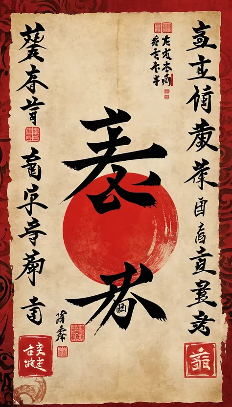 ( Masterpiece, best quality, very detailed,8k wallpaper),抽象的な色のついたChinese character,Red and Black, vibrant , sharp,Straight,old dirty paper ,Japanese ink painting, vertical text with small letters,Old Documents ,日本語のChinese characterの同義語,日本語のChinese charac...