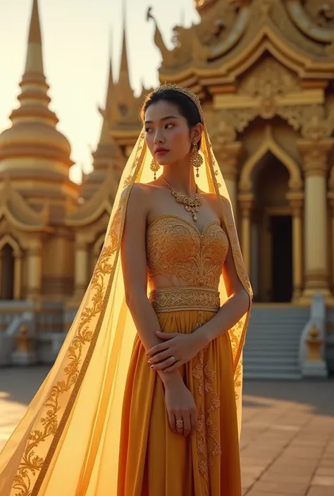 A Thai woman wears a traditional Thai Shivalaya dress made of luxurious golden silk with intricate floral embroidery. She features a tight-fitting blouse, long skirt and an intricately flowing veil. She accessorizes herself with traditional Thai jewelry, i...