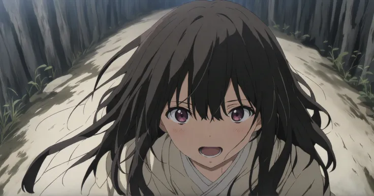 Dark-haired girl walking in the wilderness　anime