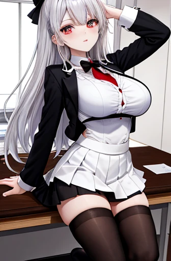  sex:5.Ejaculate on pussy and ejaculate on body:5. Masterpiece，Top quality people， high definition ， Silver Hair， Very Big Breasts 、，Red colored eyes， black short skirt ，white top， black tuxedo ，Long black stockings， Classroom Background 