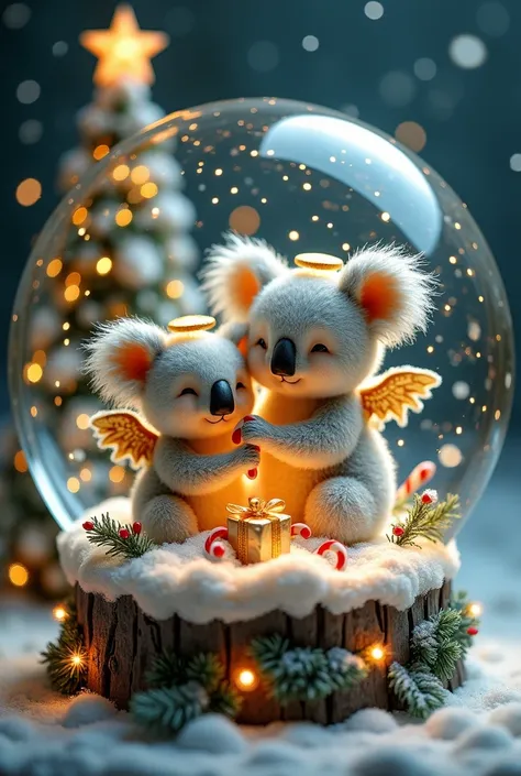 "An enchanting Christmas scene inside a glowing snow globe featuring a family of tiny, fluffy koalas. The parent koalas are perched on a snowy eucalyptus branch, holding their two baby koalas close, each adorned with soft, feathery angel wings and glowing ...