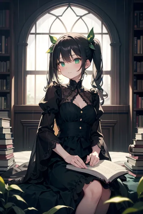 A cheerful young girl with long black twin tails tied with green ribbons sits comfortably in a room on a rainy day, immersed in a book. She has vivid green eyes that sparkle softly, reflecting the dim, overcast light filtering through the windows. Her outf...