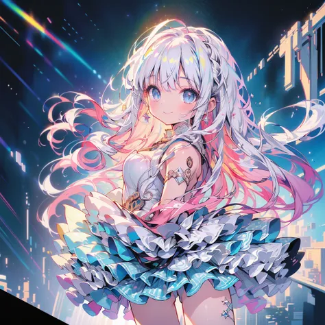 1girl,((( best quality、 greatest masterpiece、 Official Art、 super detailed、 high definition、HHD,32K)))、  Masterpiece 、Chained to delicate expressiveness 、Girls around 、 white hair 、smile、river、  knight 、(((  composition from above)))、 neon light、universe、s...