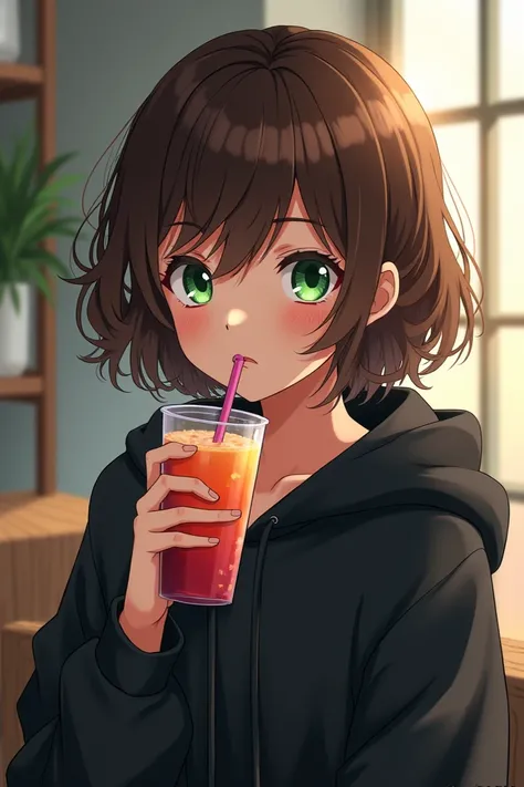 Anime teenager with brown hair, Emerald eyes and a black hoodie drinking a smoothie