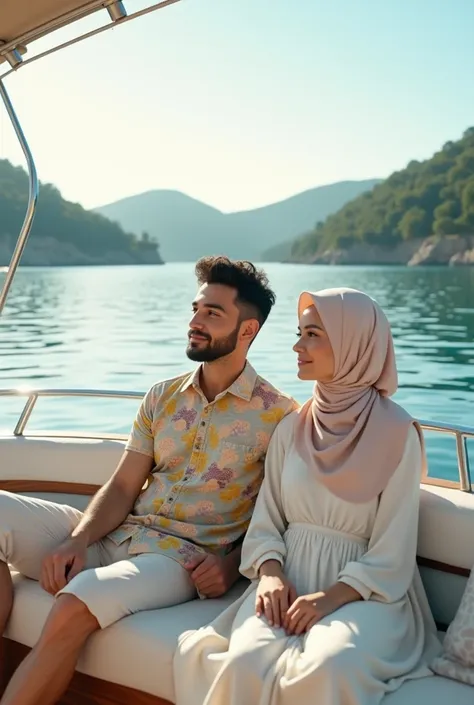 make me a picture of husband and wife wearing a shirt with a "awan" with a wife with an "arbaatun" with a hijab sitting on a yacht