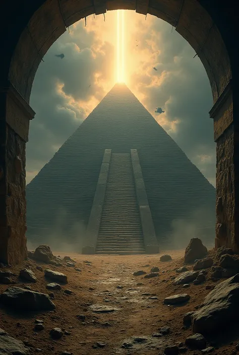 " Great Pyramid shining from within , Mysterious light at night ,  surrounded by alien symbols and energy beams pouring down from the sky"　underground

