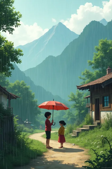 A green space, a dirt road, a bus, a temple, a Nepalese village house, and a young boy holding an umbrella for a young girl when it was raining. At mountain 