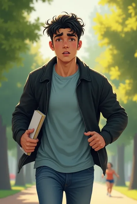 A young man in his early 20s is running through a peaceful park, clearly out of breath. He has short, slightly messy black hair and a light tan complexion. His sharp features are complemented by deep brown eyes that show a mix of shyness and curiosity. He ...