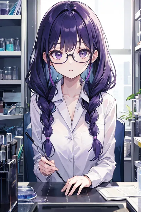 Long haired girl with purple braids , scientist , Wear glasses , Get bored , Lab