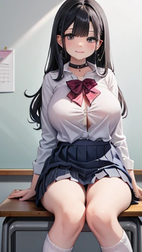 (8k、  best quality 、  best quality 、  Masterpiece )、 detailed face 、 one girl、  black hair、 wavy hair、  Grey Eyes 、 earrings for a woman alone、 pink lips、 Evil Smiles 、 Moderation Chest 、((White collar shirt))、 bow tie 、(( black pleated skirt ))、 white soc...