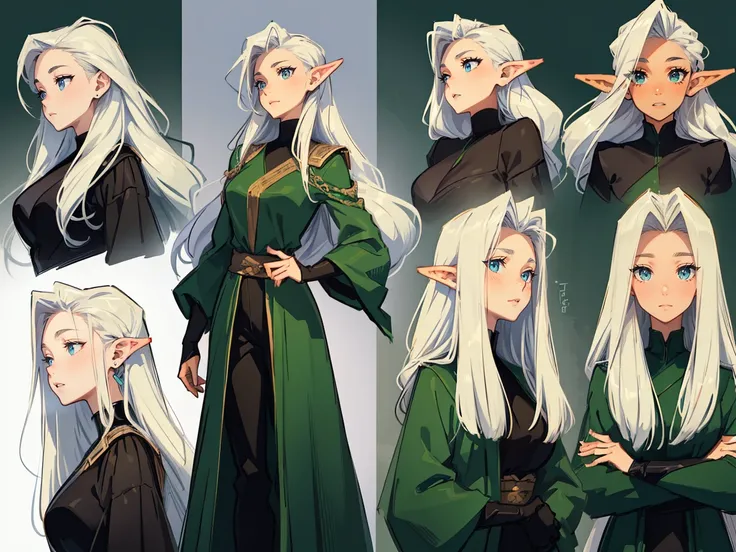 

((green eyes)),((masterpiece)),(((best quality))),(character design sheet, same character, very long hair, hairstyle, gathered hair), elven woman, ((side view:0.5)) anime girl, Gesture, character design. ((green eyes)). 1girl, solo, teenager, ((white hai...