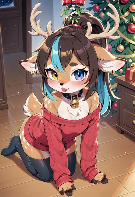 (deer girl, deer antlers, anthro, fur tufts, fluffy fur, furry, loli body, loli height, flat chest, chest fur, loli face, heterochromia, multicolored hair, ponytail, piercing, black makeup, black lipstick, tattoo, gold jewelry, collar, hanging large long s...