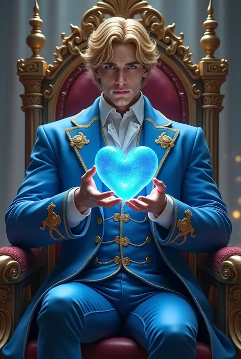 A blonde prince holding a blue heart wearing blue and sitting on a throne