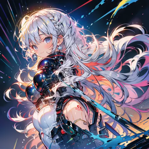 1girl,((( best quality、 greatest masterpiece、 Official Art、 super detailed、 high definition、HHD,32K)))、  Masterpiece 、Chained to delicate expressiveness 、Girls around 、 white hair 、smile、river、  knight 、(((  composition from above)))、 neon light、universe、s...